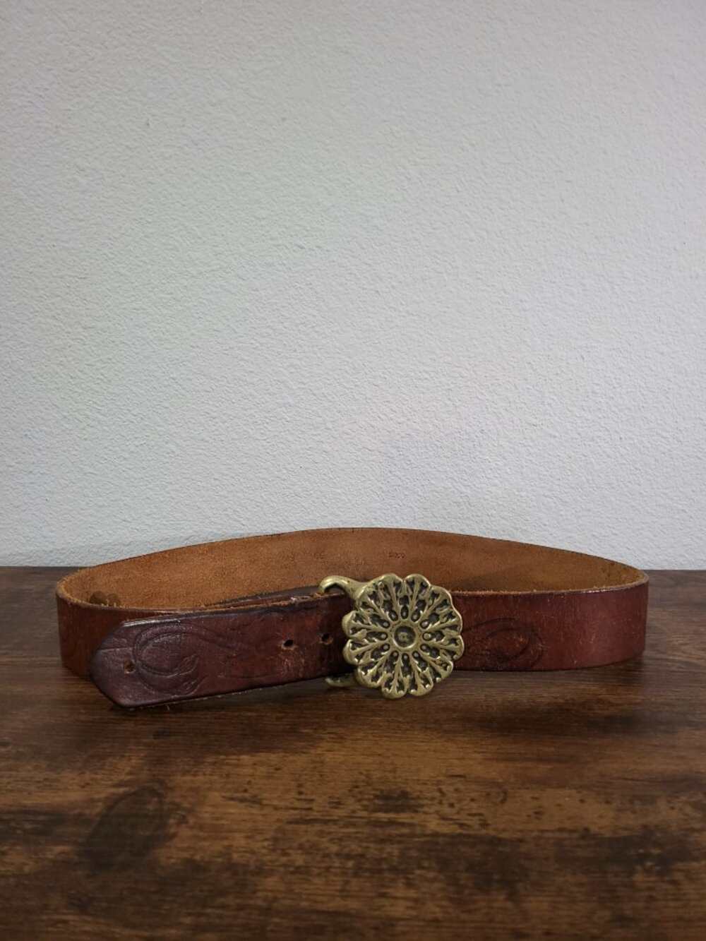 Vintage 70s Hand Tooled Leather Belt Butterfly Floral Solid Brass Buckle